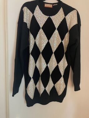 Women's Black Sequin Argyle Crewneck Sweater
